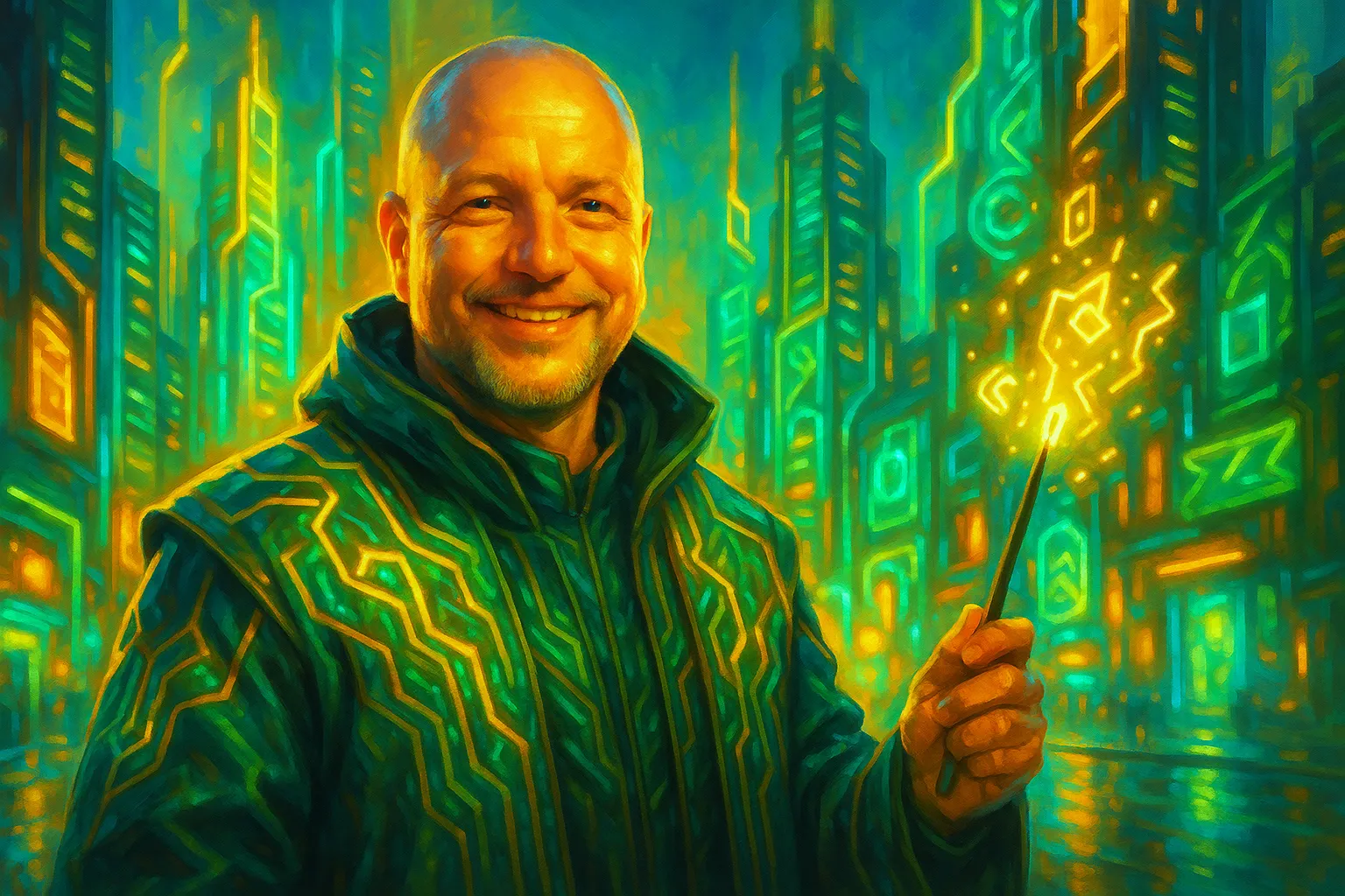 Mentor figure in a vivid city at night